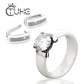 סט תכשיטים שחור לבן קרמיקה טבעת ועגילים עם קראט גדול CZ אביזרי חתונה בצורת U עגילים צמודים וטבעות לנשים