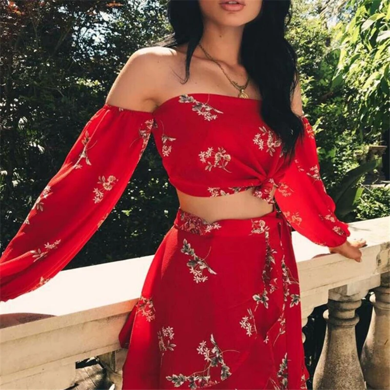 Long Sleeve Tops Skirt Set Floral Print 