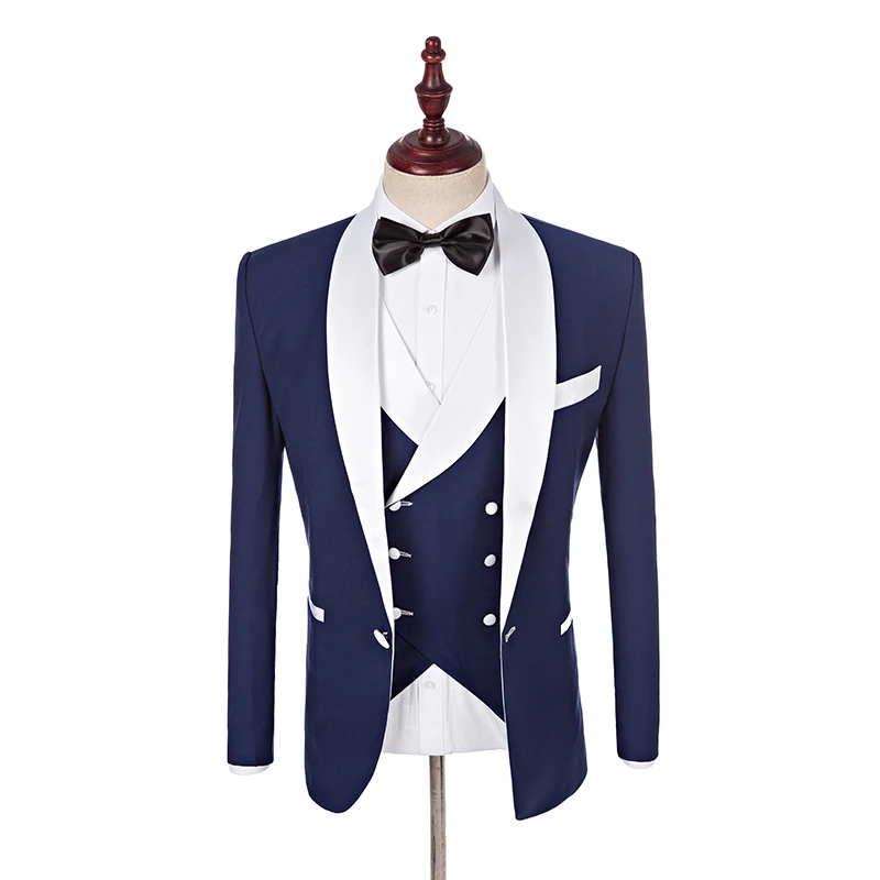 Blue Groom Tuxedos With White Lapel Men 