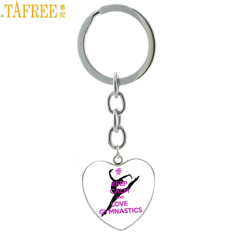 TAFREE Keep Calm And Love Gymnastics heart shaped pendant keychain gym lover jewelry women bag car key chain ring holder HP664-animated-img