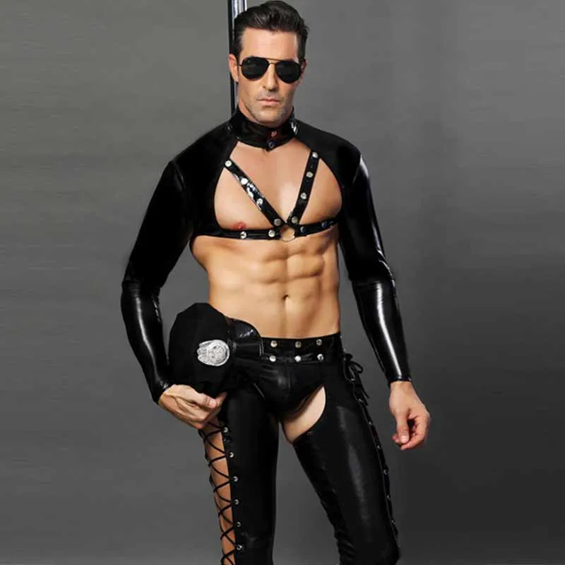 [Rank B] Uma vila de pecados +18 3-pcs-Sexy-Costumes-Mens-Police-Cosplay-Black-Vinyl-Leather-Police-Uniforms-Plus-Size-Erotic-Halloween