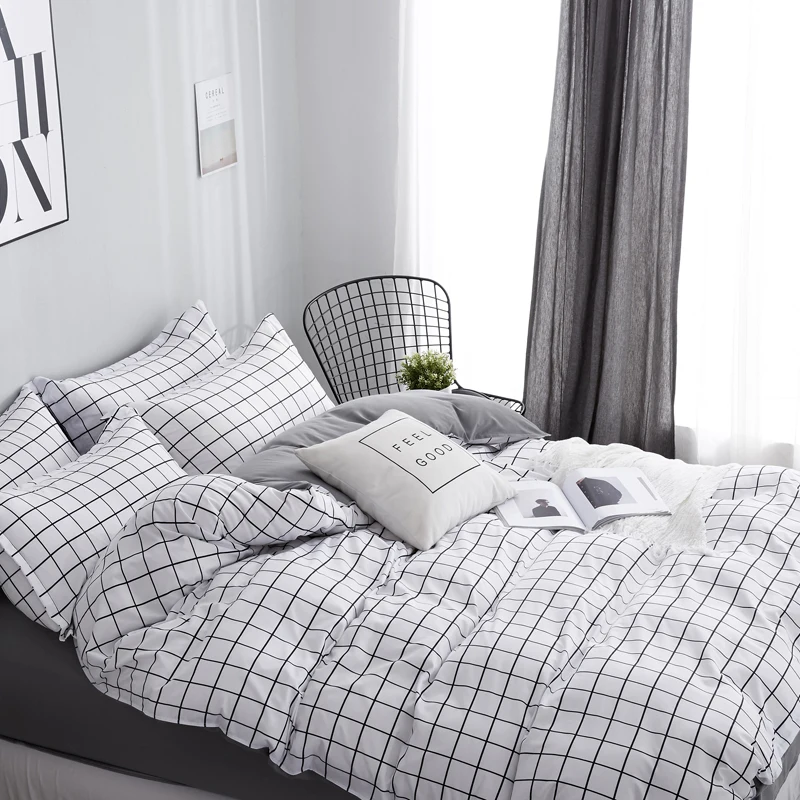 white with black grid bedding