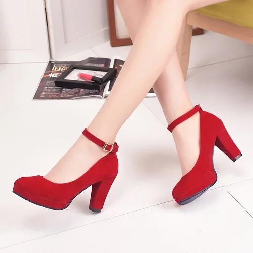 Red Ankle Strap High heels Autumn Flock 