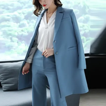 2018 Spring Women's 2 Pieces Sets  Trench Coat and Wide Leg Pants Suit Office Lady Blue Slim Fit Blazer Jackets Suits-animated-img