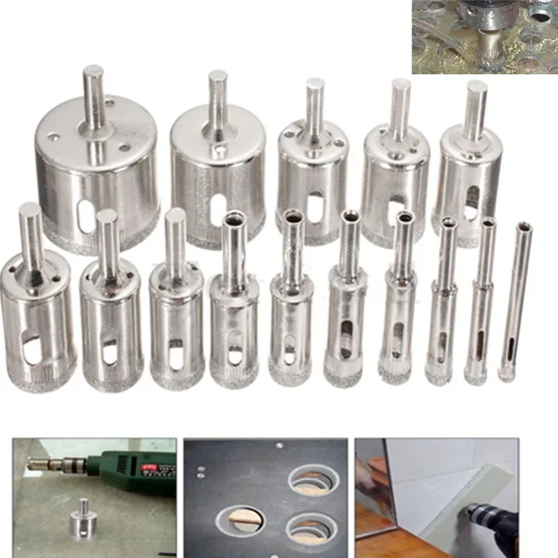 15 Pcs 6-50mm Diamond Coated Drill Bits set Chuck Hole Saw Cutter Tool for Glass Marble Ceramic-animated-img