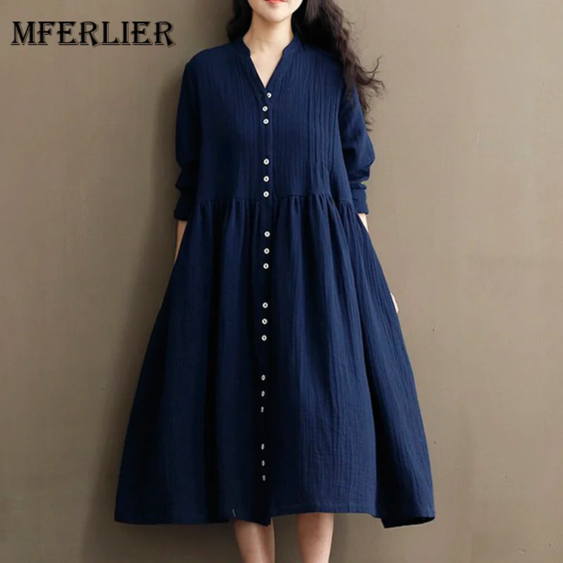 Blue Dress Women Cotton Linen V Neck 