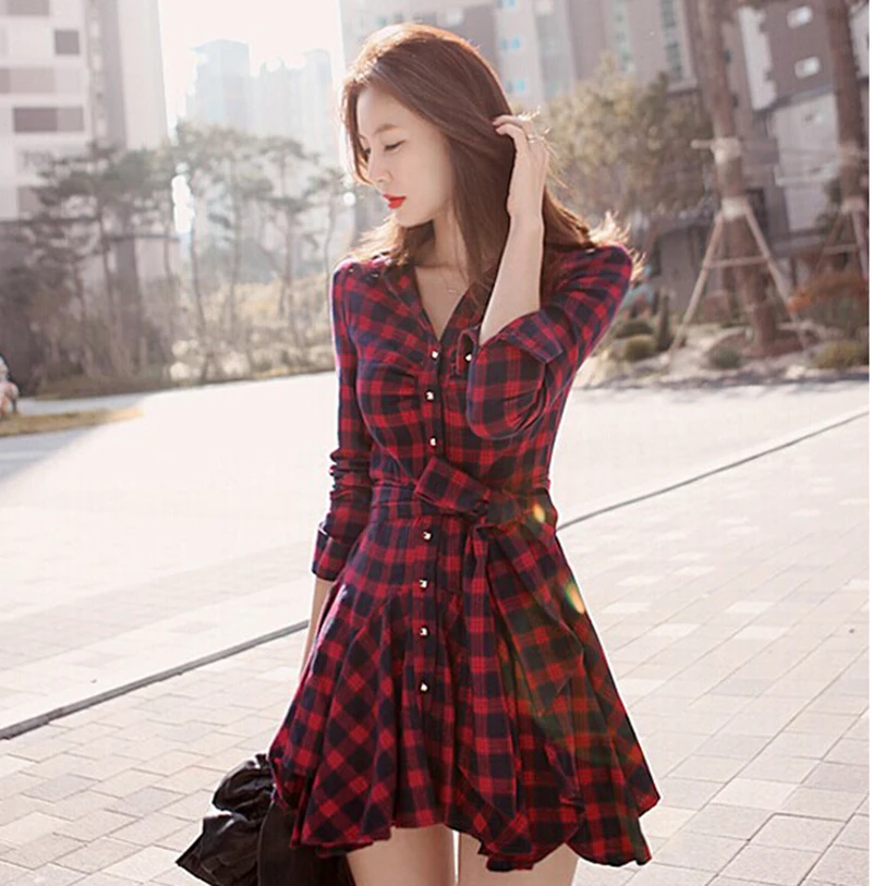 Retro Long Sleeve Mini Dress Plaid Dress