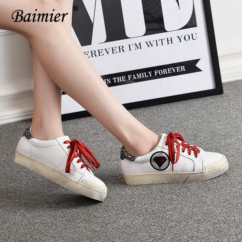 קנו נעלי נשים | Baimier Spring White Diamond Embroider Women Sneakers  Fashion Round Toe Shallow Women Platform Shoes Casual Flat Shoes Woman