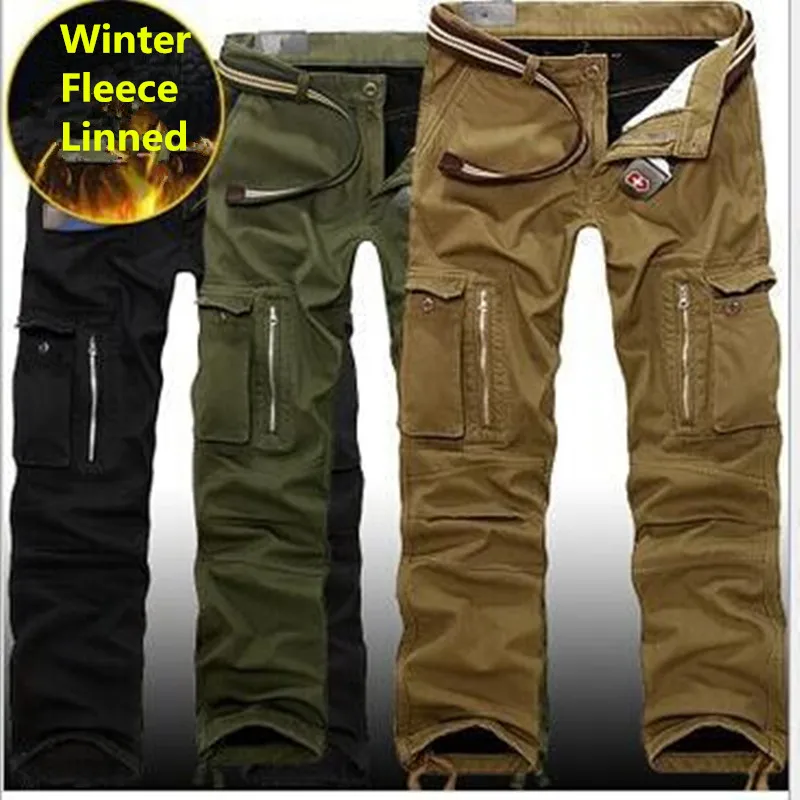 6 Pockets Fleece Warm Cargo Pants Men Clothing Thermal Work Casual