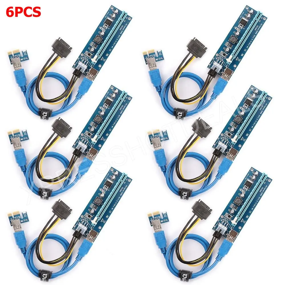6pcs Wholesale PCI-E Express USB 3.0 1x to 16x Extender Riser Card Adapter SATA 15pin Male to 6pin Power Cable-animated-img