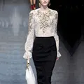 Skirt Suits Women work wear slim Retro fashion white Nail Drill long sleeved blouse and black lace skirt 2 Piece top Set