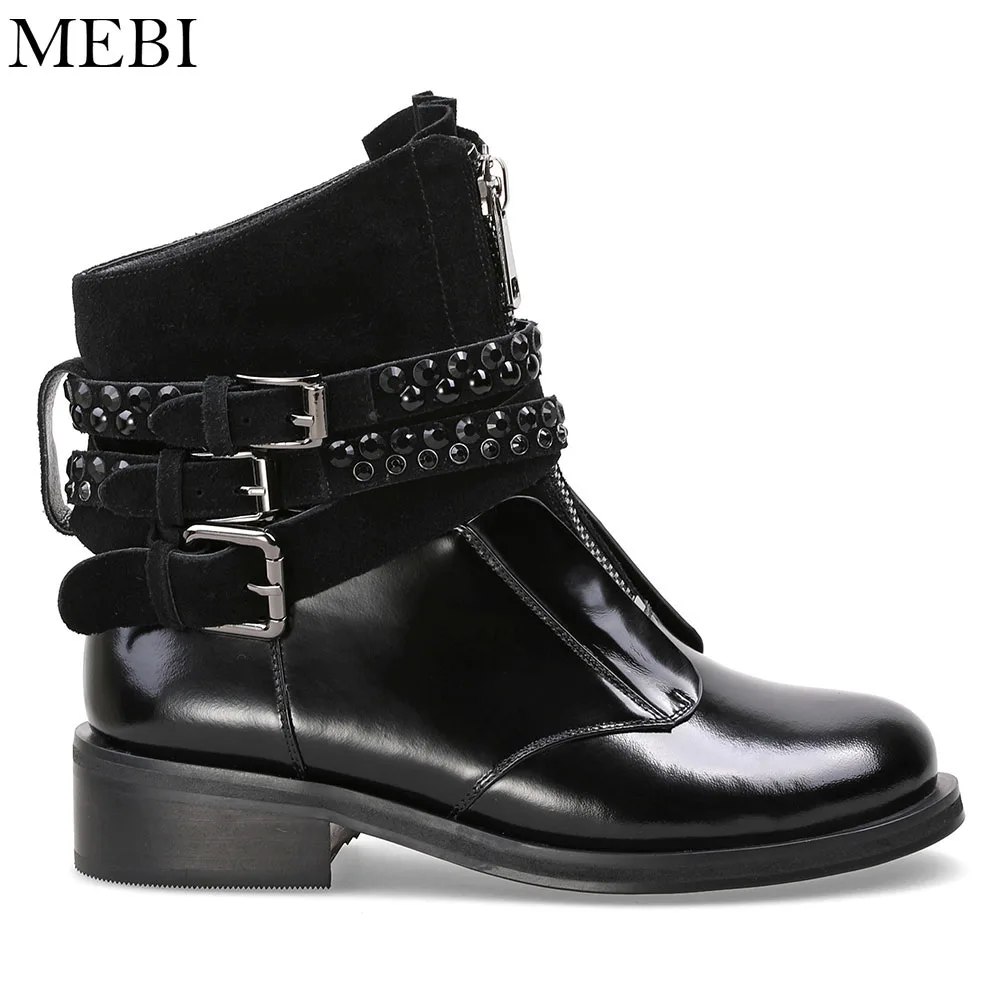 MEBI 2018 New Women Ankle Boots Black Rhinestones Booties Shoes Woman Motorcycle Boots Punk Women Buckles Shoes for Women Boots-animated-img