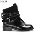 MEBI 2018 New Women Ankle Boots Black Rhinestones Booties Shoes Woman Motorcycle Boots Punk Women Buckles Shoes for Women Boots