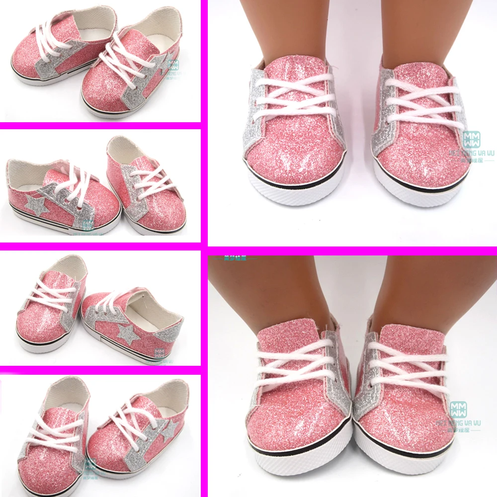 New 7.5cm baby doll shoes for 43 cm new born doll accessories and American doll fashion pink glossy sneakers-animated-img