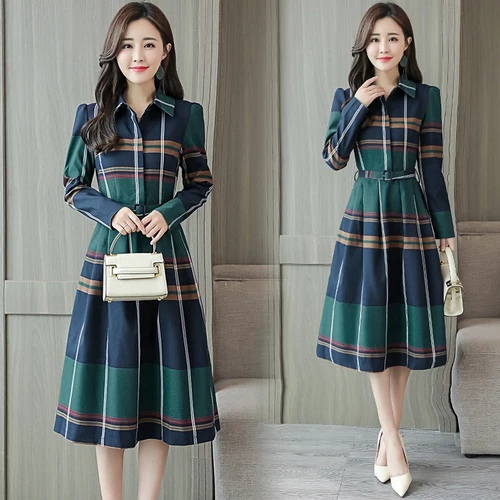 down Collar Plaid tunic Dress women Belt