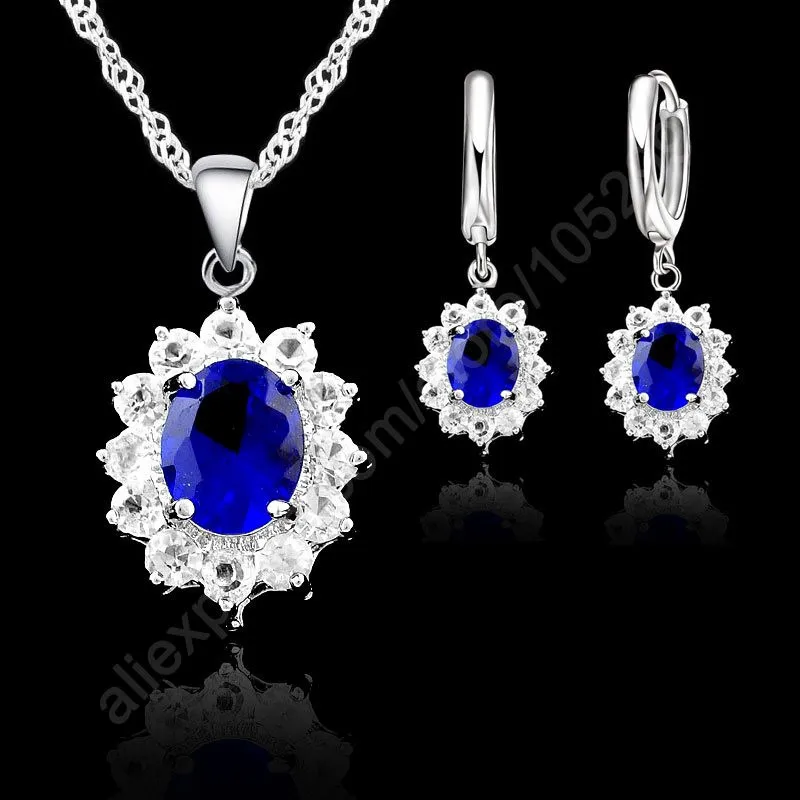 925 Sterling Silver Elegant Flower Shape Women Wedding Necklace Earring Jewelry Sets Navy Blue Cubic Zirconia Girls Gifts-animated-img