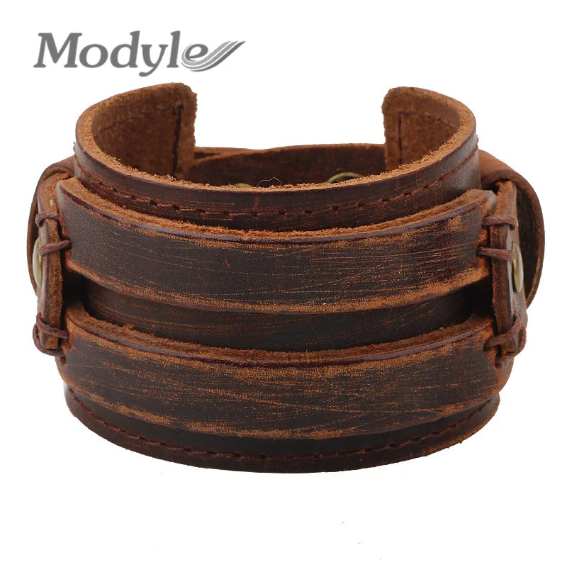 Modyle 2025 New Fashion Brand Black Brown Genuine Leather Bracelet With Alloy Buckle Adjustable Fashion Bracelets For Men Women-animated-img