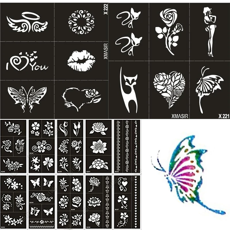Xmasir 5 Sheets 70pcs Small Glitter Woman Drawing Tattoo Stencil Kids Cute Airbrush  Stencils & Templates