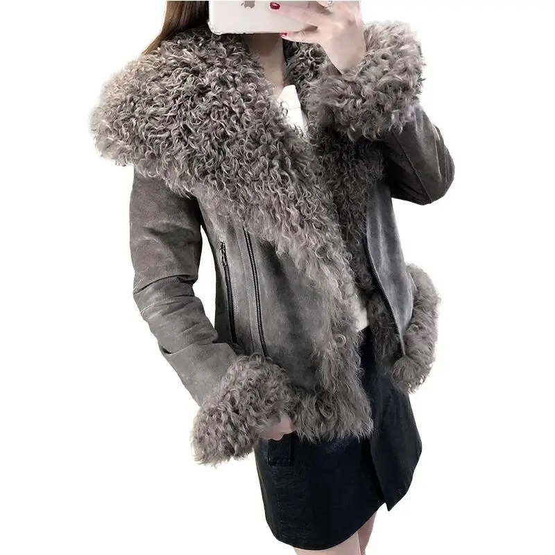 Women Real Sheep Fur Coat Winter Warm 
