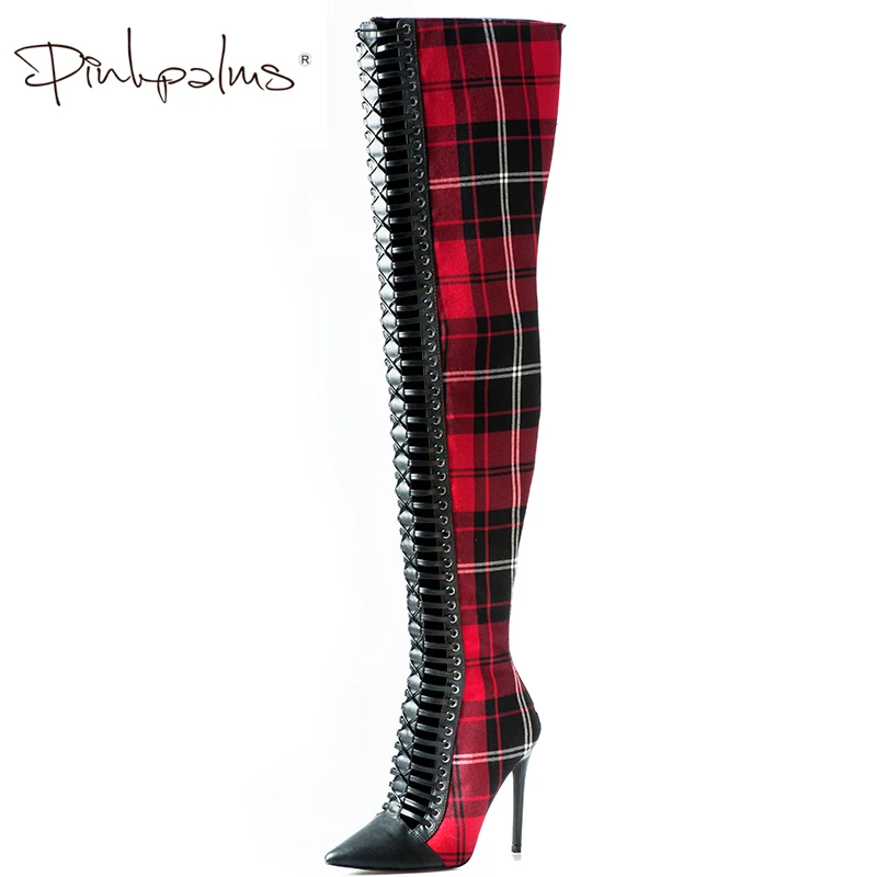 red plaid thigh high boots