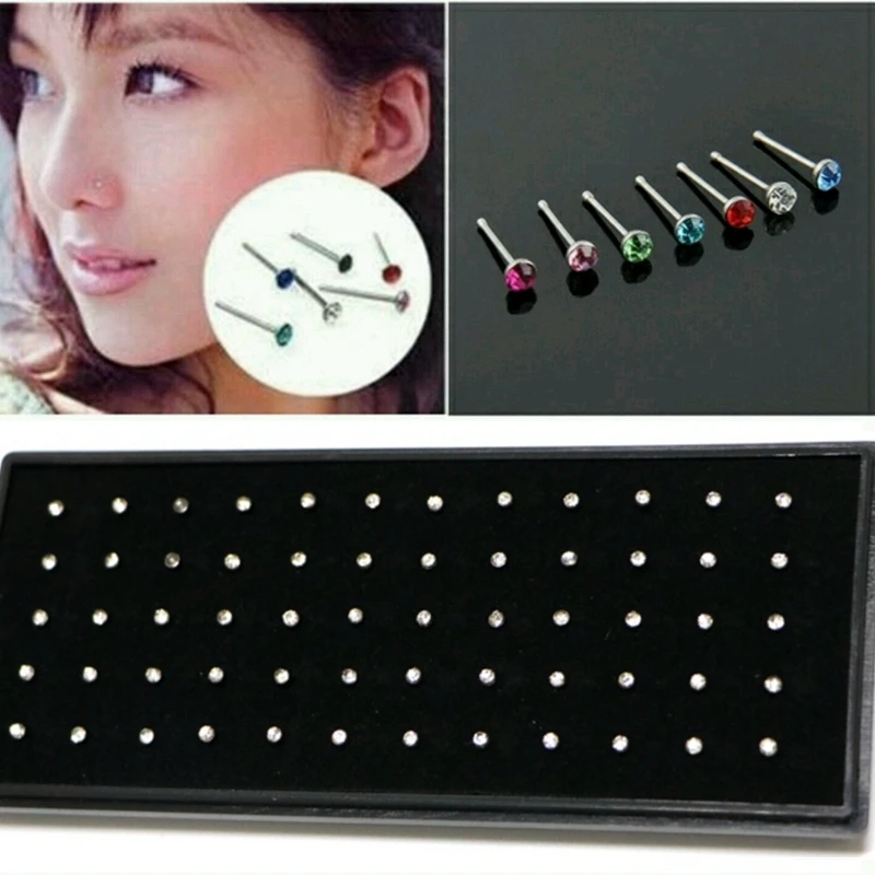 60pcs/box Stainless Steel Nose Ring set Body indian Jewelry women girls Surgical Nose Piercing Crystal nose Stud ring for women-animated-img