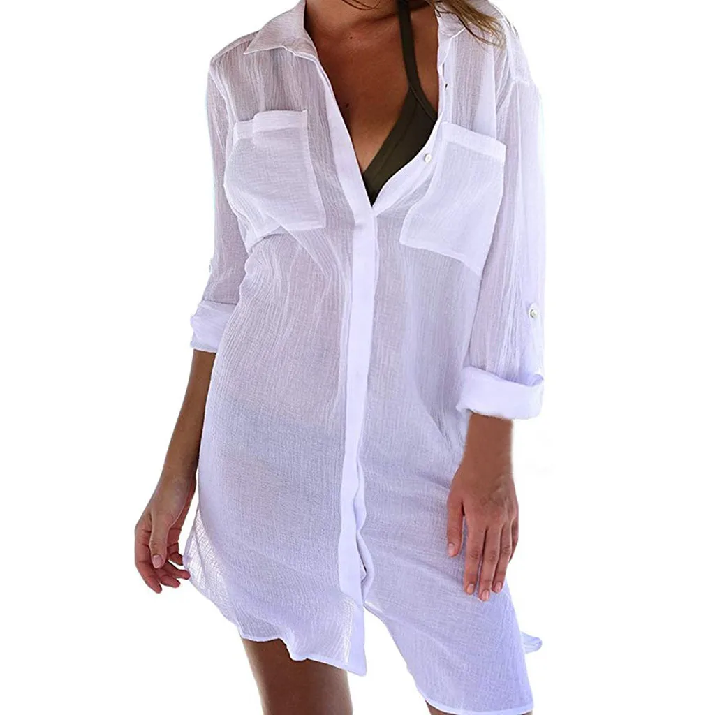 Women Beach Cover Up Button Down Pocket 