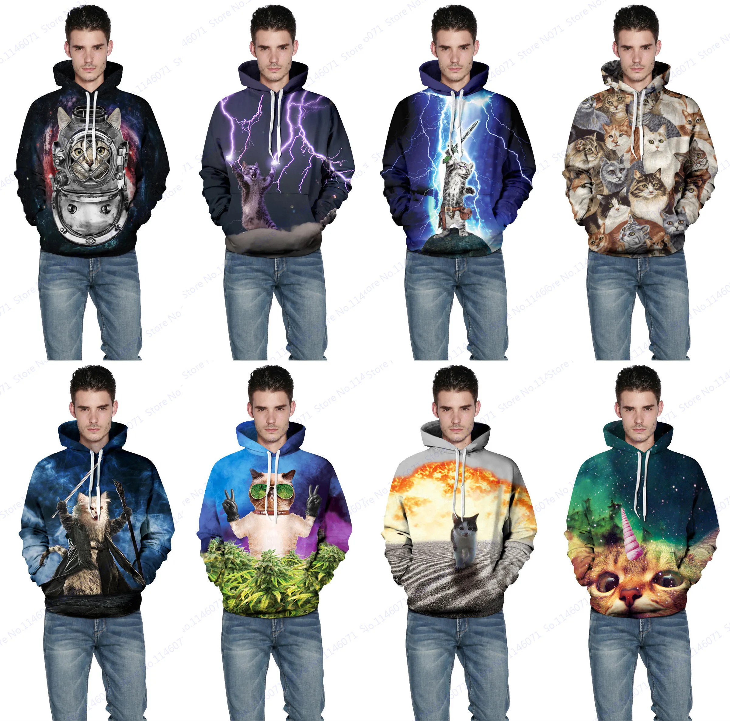 Cats Print Mens Skateboarding Hoodies 