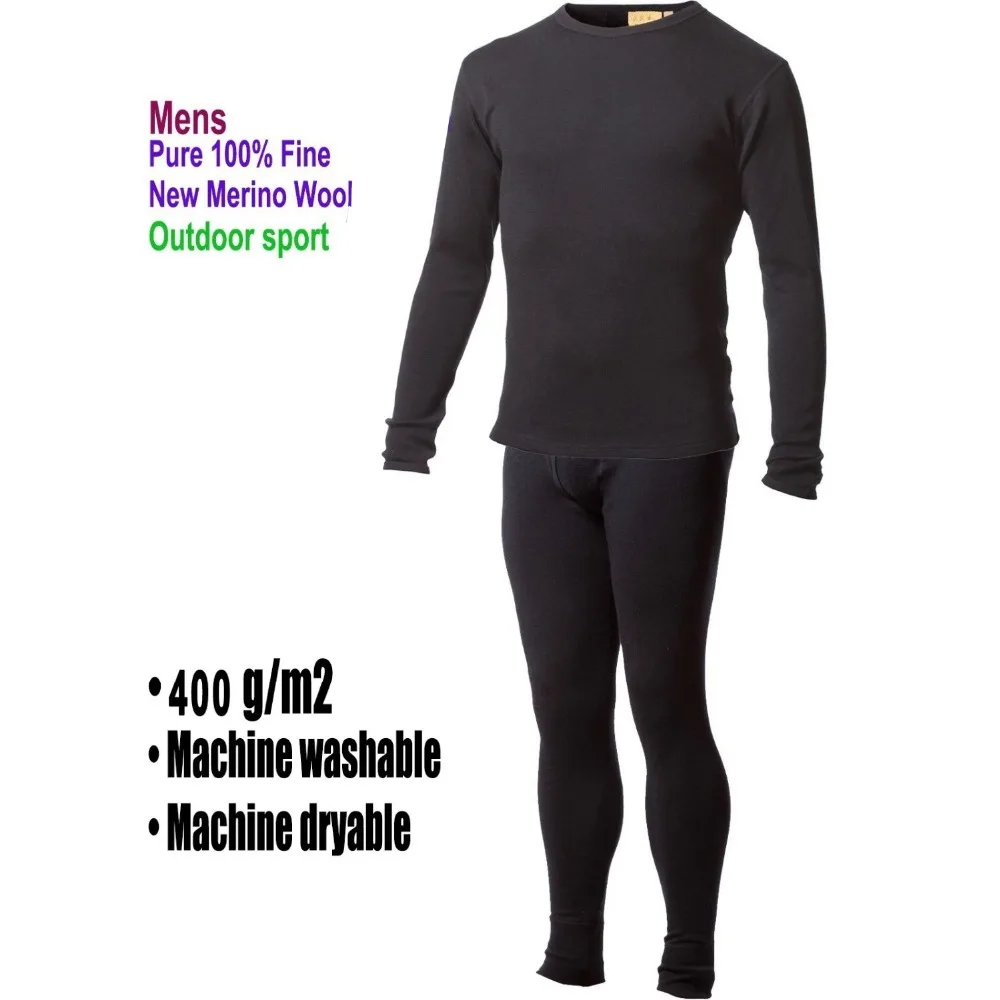 100% Merino Wool Base Layer Men's Heavy-weight 400GSM Thermal Underwear Set  Long John Wicking