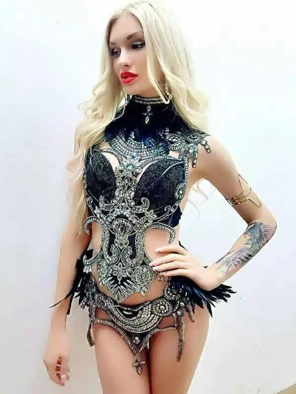 Αγορά Παράστασης χορού  Bright Sequins Black Feather Bodysuit Stage  Dancewear 4 Pieces Costume Female Singer Prom Wear Fashion Show Dj Outfit  Clothing