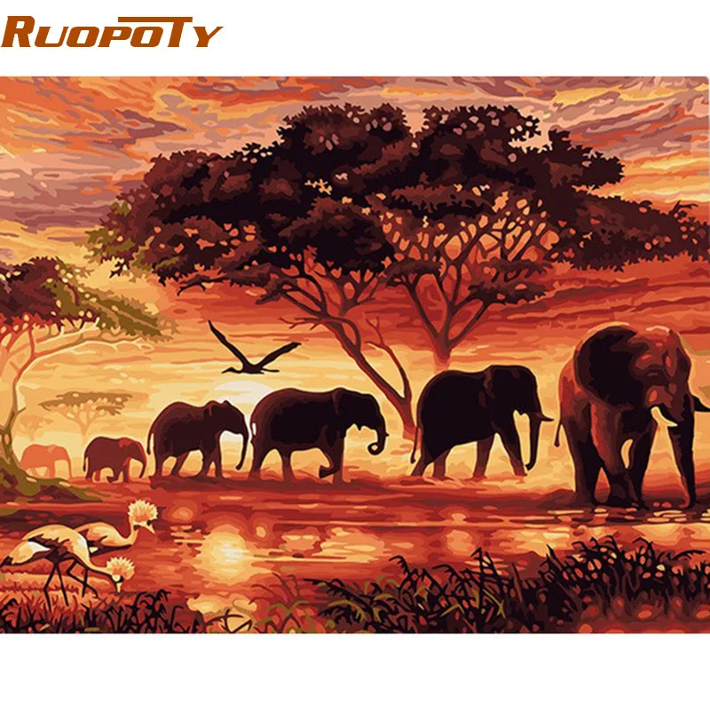 RUOPOTY Elephants Landscape DIY Digital Painting By Numbers Modern Wall Art Canvas Painting Unique Gift For Home Decor 60x75cm-animated-img