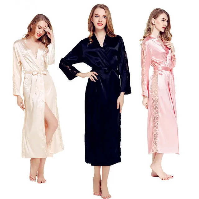 Women Autumn Long Robe Sexy Silk Satin 