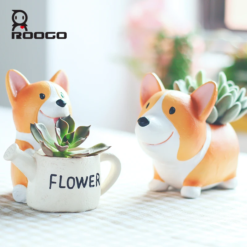 Roogo Flower Pot Mini Plant Modern Yellow Pet Dog Figurine Annimal Style Garden Cactus Succulent Pots Home Office Decoration-animated-img