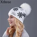 Xthree אמיתי מינק פום פום פום צמר ארנב פרוות כובע סרוג גולגולות כובע חורף לנשים בנות כובע beanies חג המולד כובע שלג