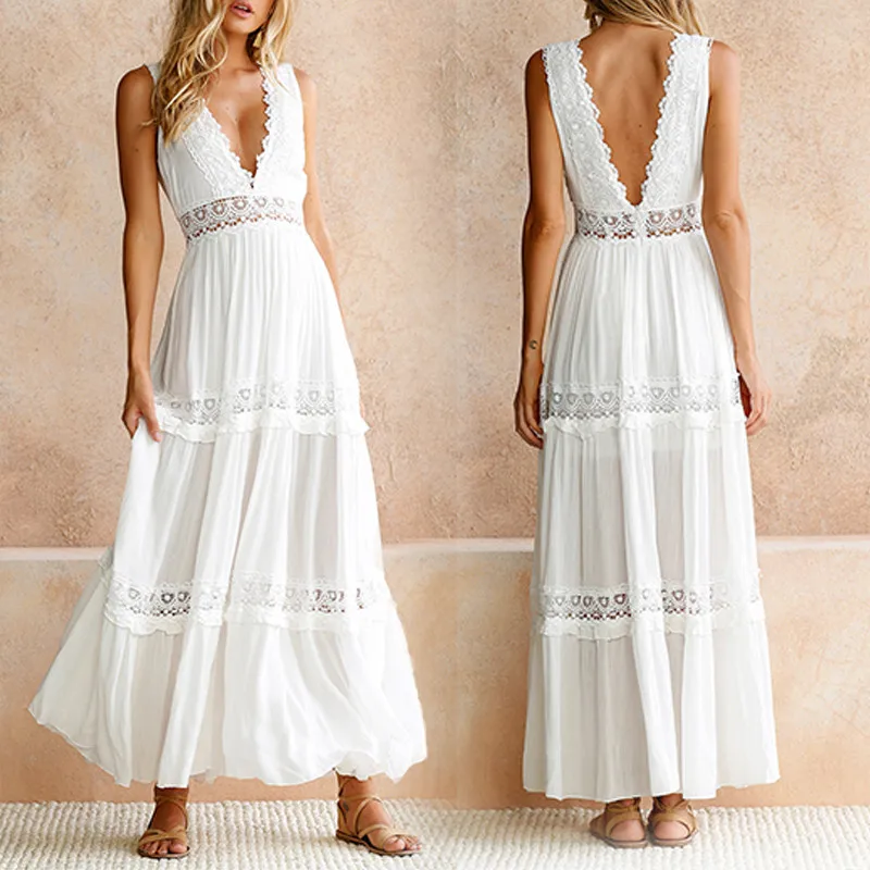 Deep V Elegant White Lace Sexy Dress 