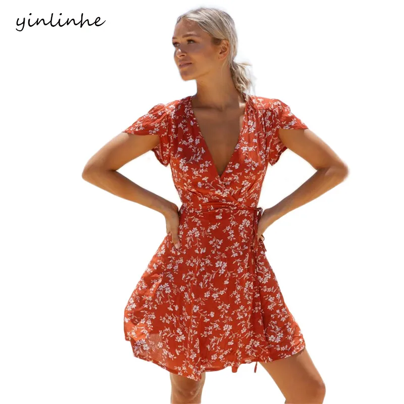 yinlinhe Red Floral Summer Dress Short 