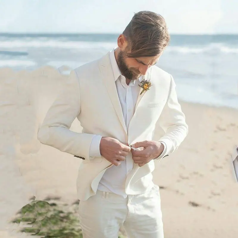 Ivory Linen Men Beach Wedding Suits 