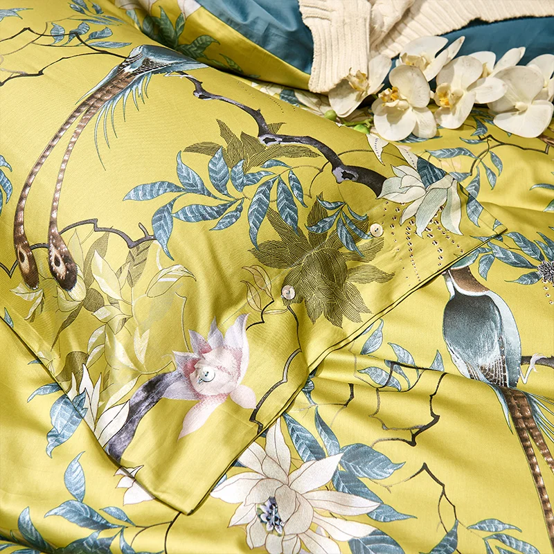 silky egyptian cotton yellow chinoiserie style birds flowers