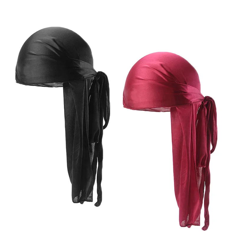 Silky Durags Men Women Durag Long Tail Doo Rag Chemo Cap BreathableTurban Pirate Solid Headwear 2Pcs/lot
