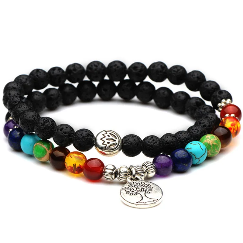Reiki 7 Chakra Beads Bracelet Fashion Charm Natural Stone Tiger Eye Lava  Strand Bangle Balance Healing Yoga Meditation Bracelets