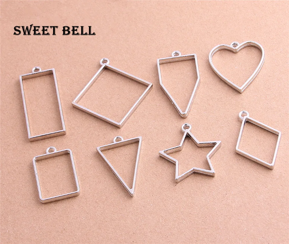 Sweet Bell 16pcs mix heart star oval rectangle triangle charm Hollow glue blank pendant tray bezel charms  DIY Handmade 12C12D-animated-img