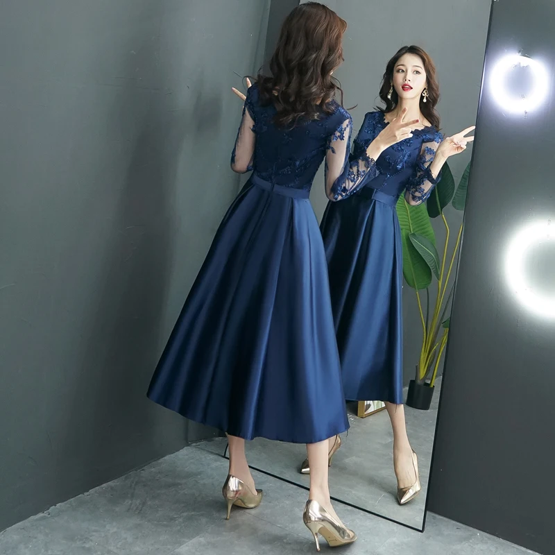 Navy Blue Long Sleeve Evening Dress 