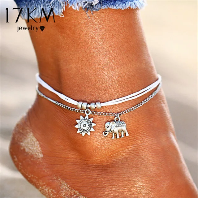17KM Vintage Star Elephant Anklets Bracelet For Women Boho Pendant Double Layer Anklet Bohemian Foot Jewelry Gift Drop shipping-animated-img