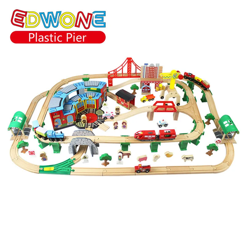 large wooden train track set