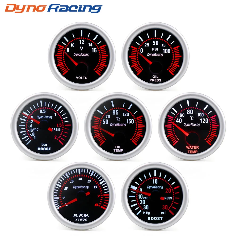 Dynoracing 2" 52mm Smoke lens Boost gauge bar psi Vacuum Water temp Oil temp Oil press Voltmeter Fuel level Tachometer rpm gauge-animated-img