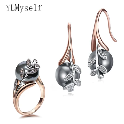 Hot Earrings ring sets Rose with Grey pearl and cubic zircon stone 2 Tone plating Wholesale 2pcs jewelry set-animated-img
