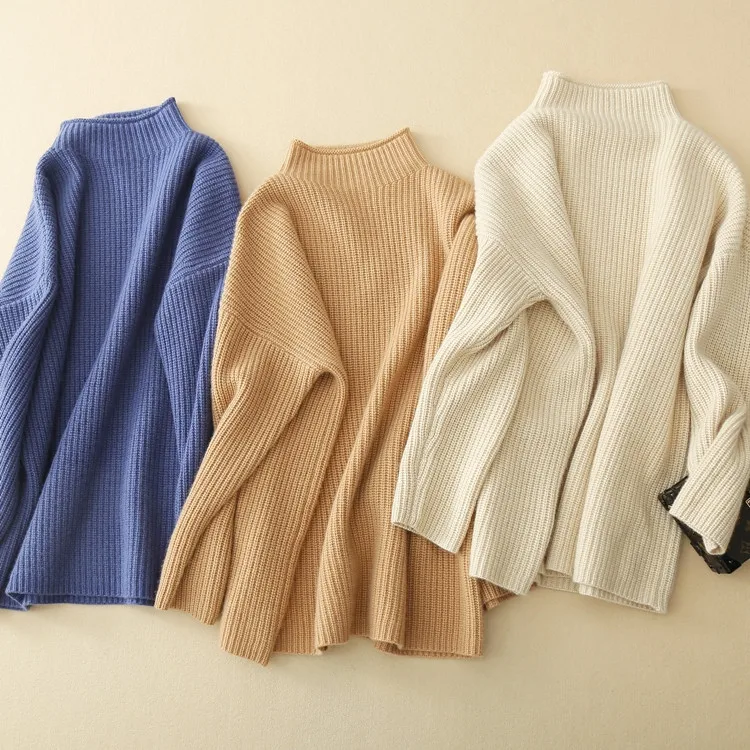 high grade goat cashmere thick knit women fashion half high collar short pullover sweater solid color M-L