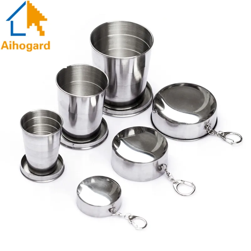 Stainless Steel Camping Folding Cup Portable Outdoor Travel Demountable Collapsible Cup With Keychain 60ml 150ml 250ml-animated-img
