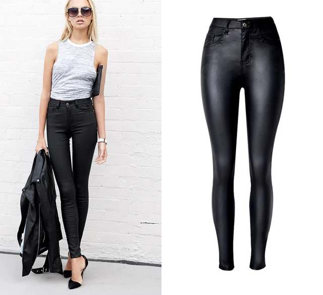 2024 Styling Skinny Women Jeans High Waist Faux Leather Pants Outfit Leggings Chic Casual Girl Stretch Leather Denim Jeans C1075-animated-img