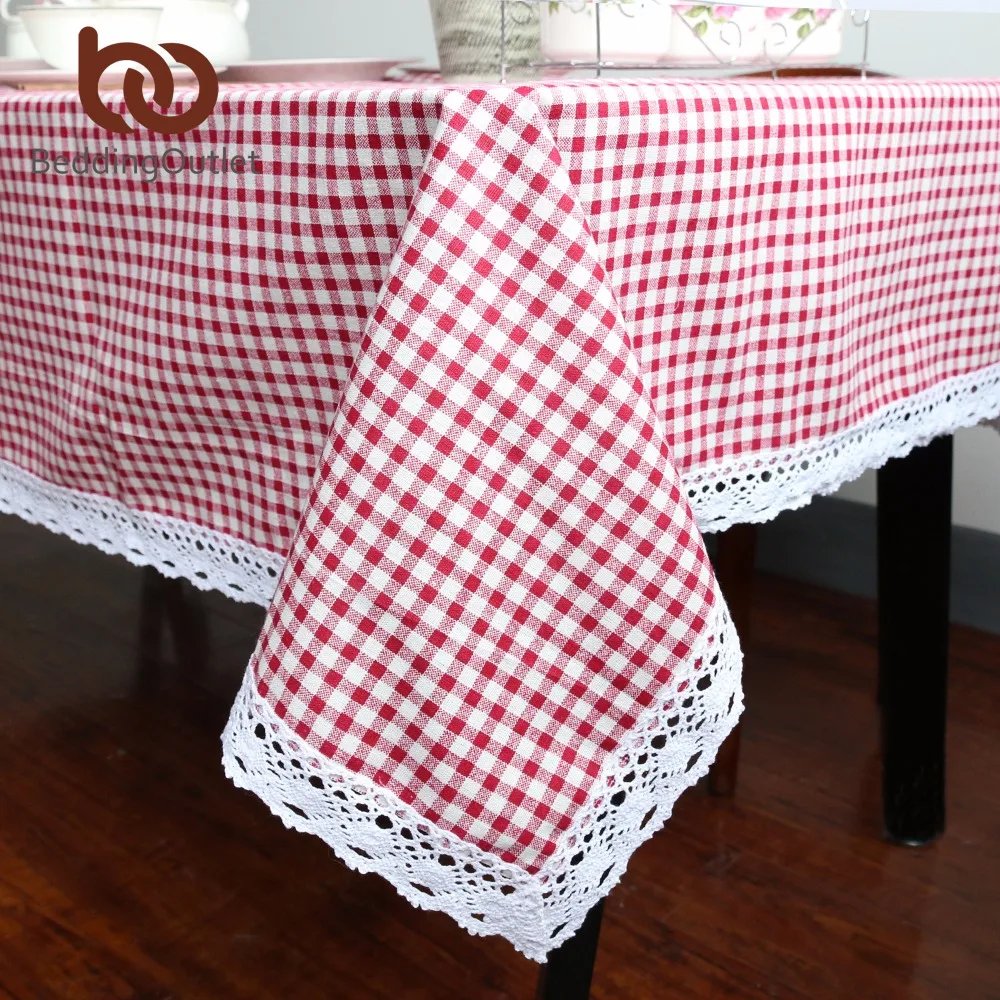 BeddingOutlet Tablecloth Plaid Brown Pink Table Cover Lace Edge Dining Cotton Linen Table Cloth High Quality Home Decoration-animated-img