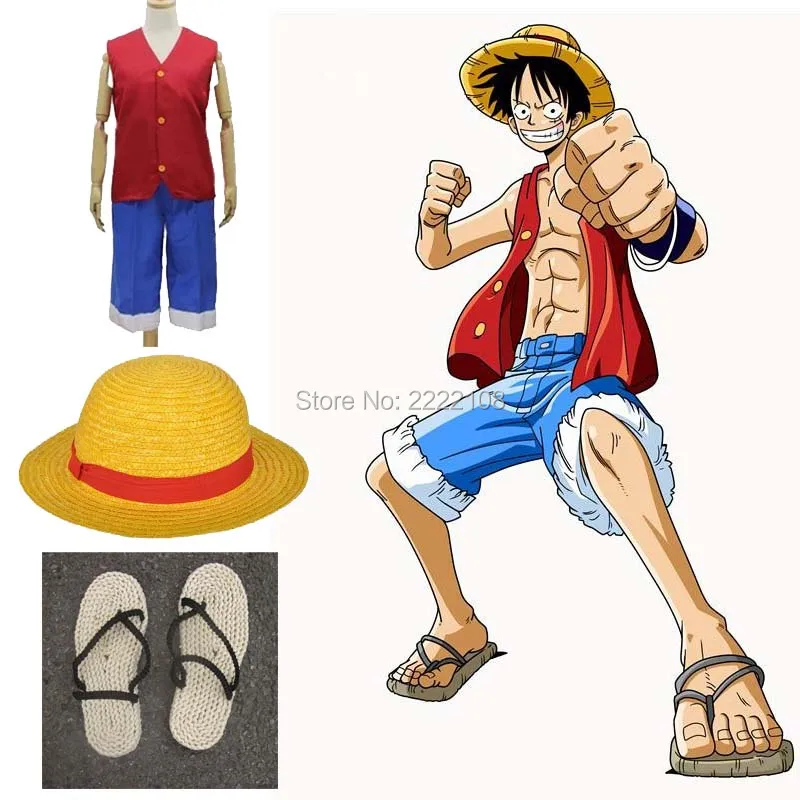 One Piece Cosplay Costume Monkey D Luffy 1st Generation unisex full set  clothes (Vest+Shorts+Hat)